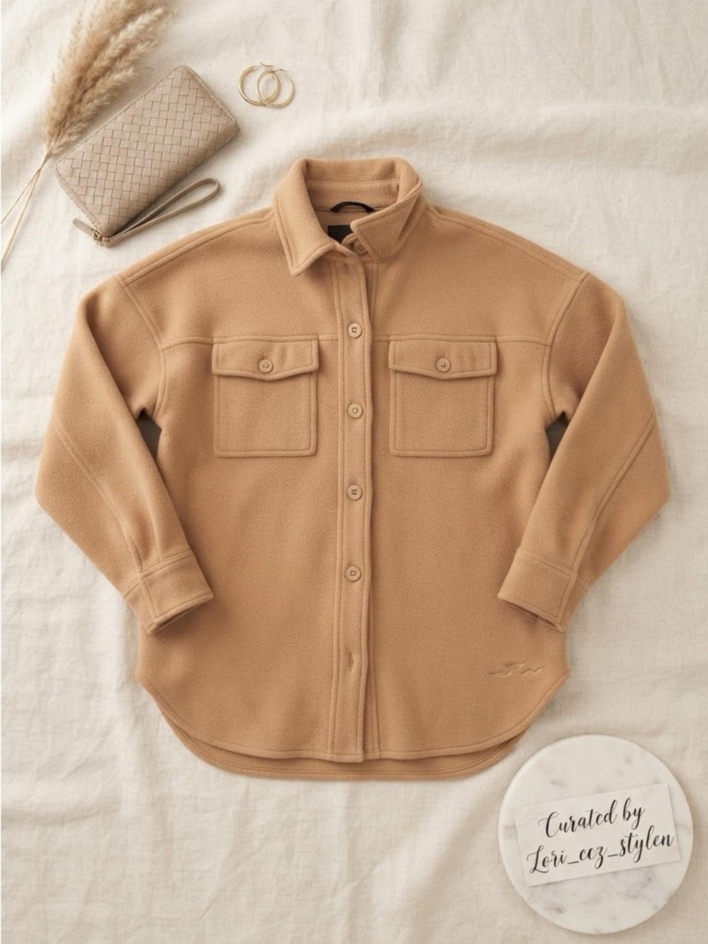 Women's Tan Fleece Shacket Jacket - Casual Button-Front